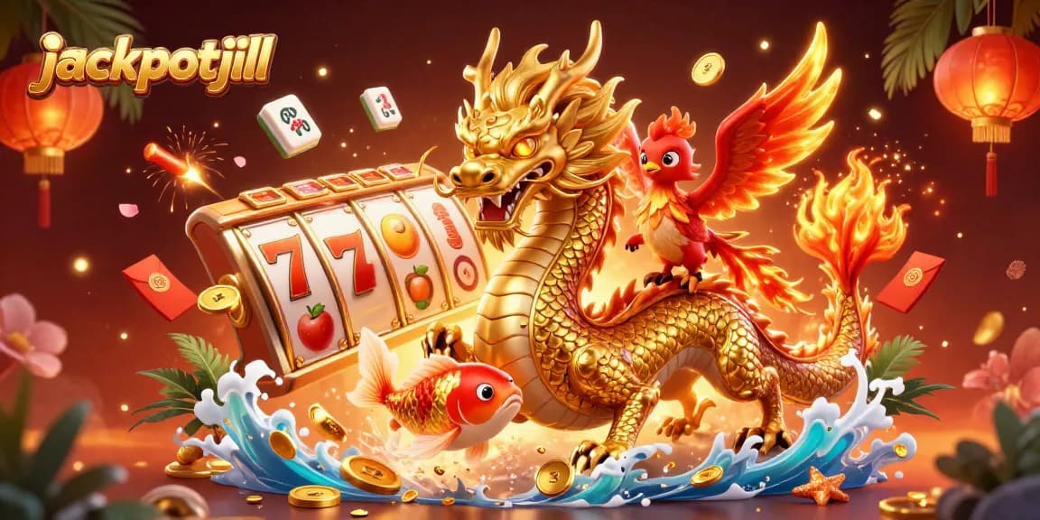 Immerse in jackpotjill's casino magic with a dazzling dragon, phoenix, and koi fish.