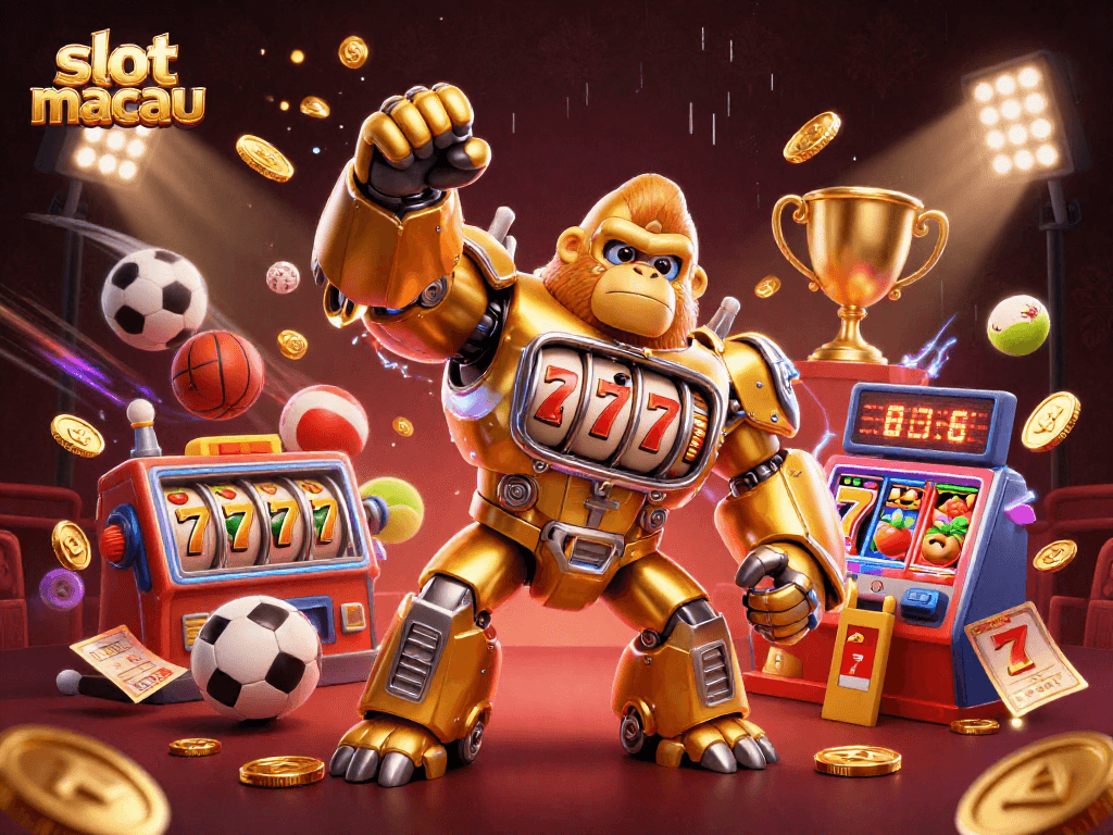 Engage with slot macau's thrilling gaming world featuring a golden mech and dynamic action.