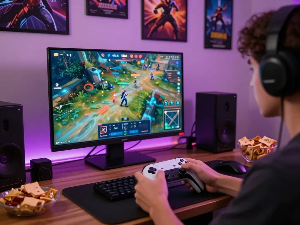 Pemain menikmati pengalaman permainan online ombak88 yang mendebarkan dalam pengaturan nyaman dengan pencahayaan ambient.