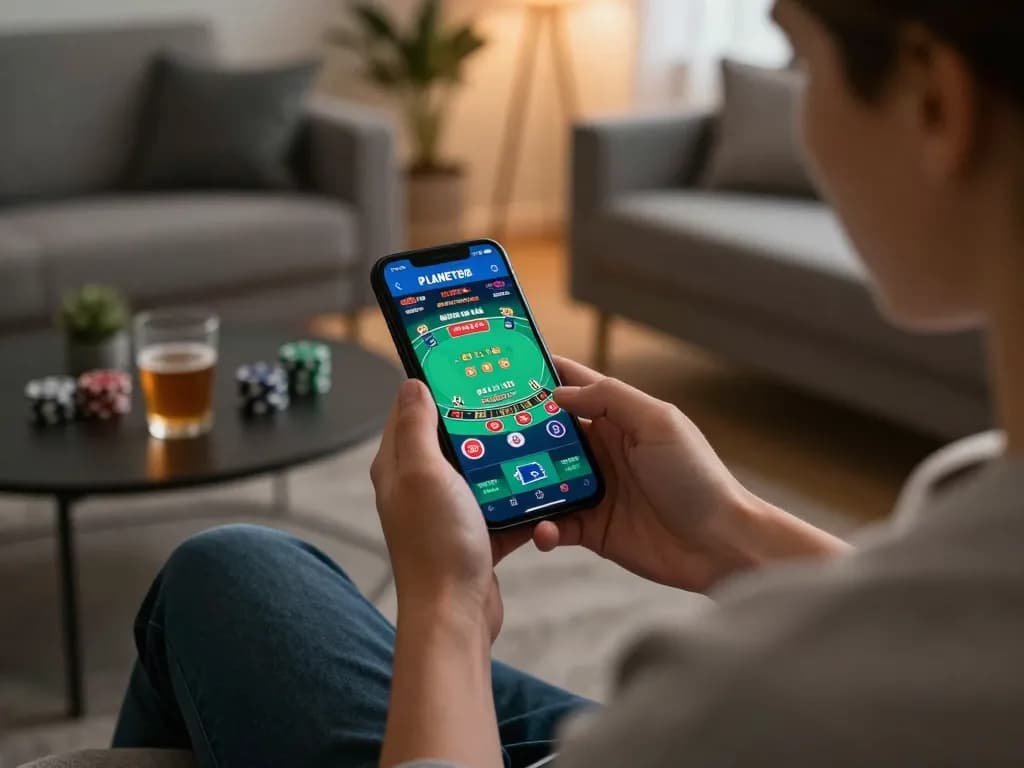 Experience mobile gaming with PLANET88 on a smartphone in a cozy living room.