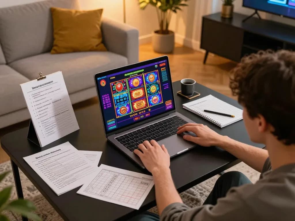 Player exploring gg88 online casino gaming on a laptop in a cozy, stylish living room atmosphere.