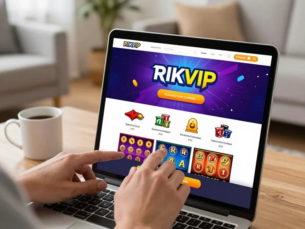 RIKVIP user engaging with mobile app for online gambling, showcasing various games in a cozy home setting.