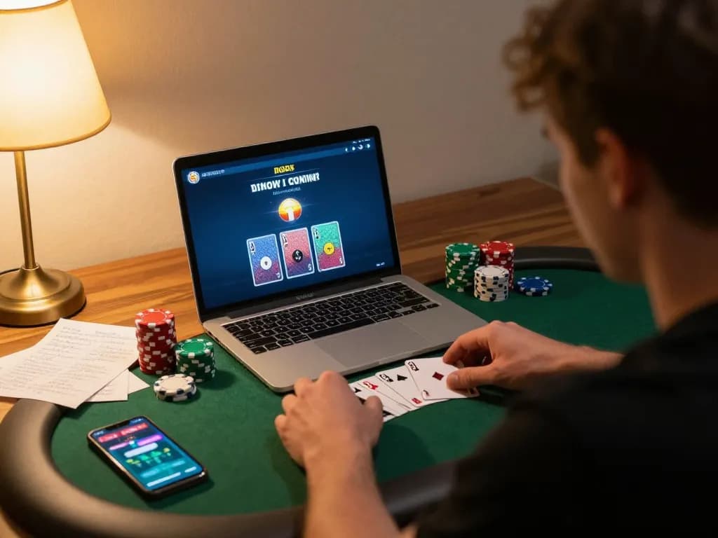 Player using 88vv casino app on laptop, immersed in online poker game with betting notes visible.