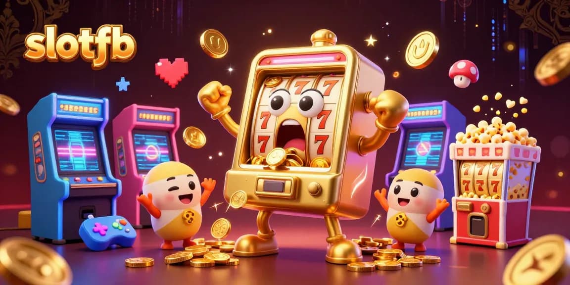 slotfb memenangkan jackpot dengan mesin slot emas dan koin berhamburan ke luar, menggembirakan suasana.
