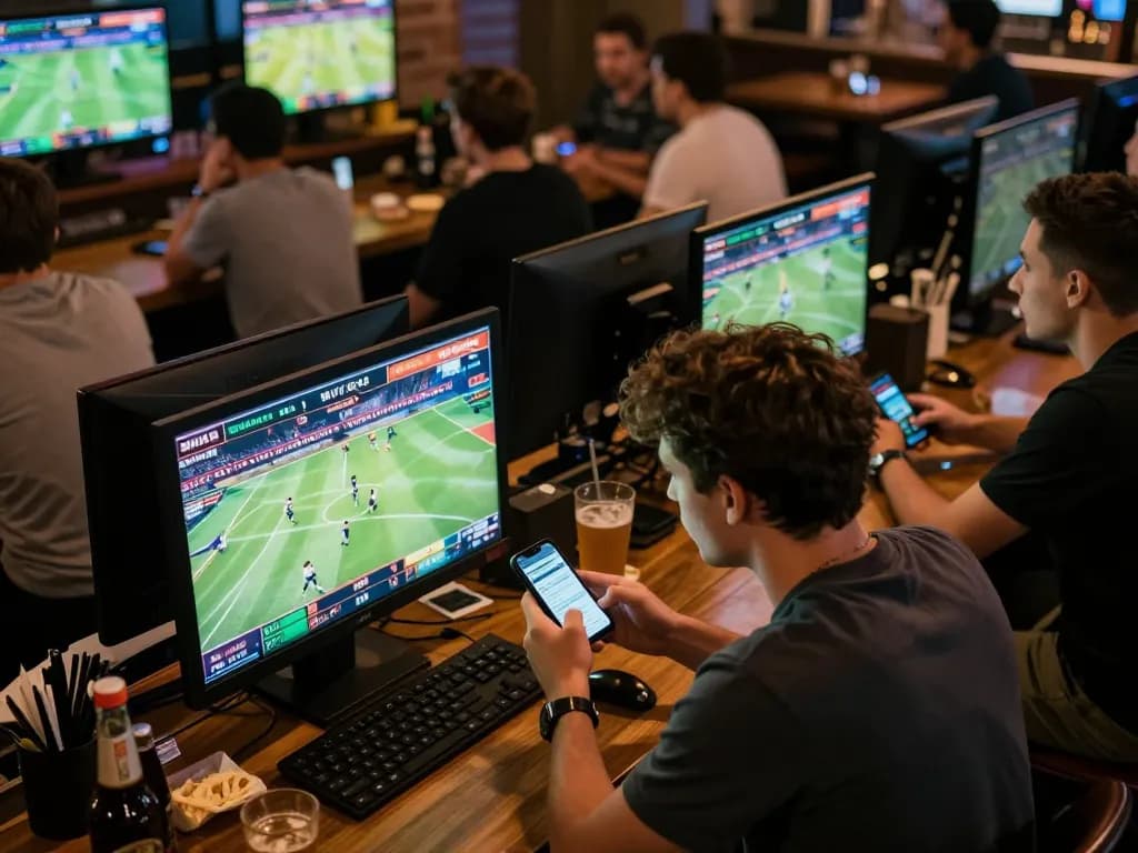 IWIN68 bettors checking live sports odds at a lively sports bar, capturing the excitement of the games.