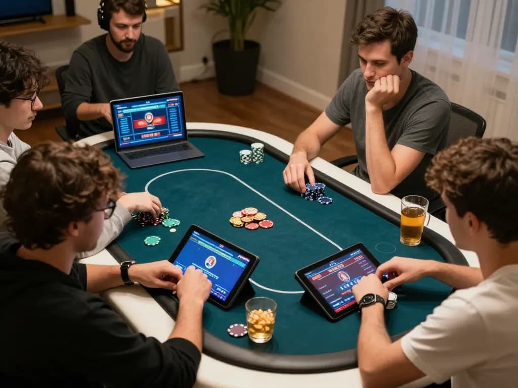 Players enjoying a thrilling tr88 poker game online, engaged in strategic betting and gameplay at home.