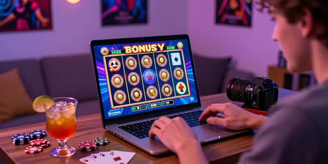 Player enjoying bonus buy slots at home, with vibrant graphics and casino-themed items enhancing the gaming experience.