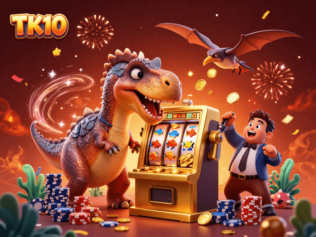 TK10 casino scene with a dinosaur headbutting a slot machine, capturing flying jackpot coins and excitement.