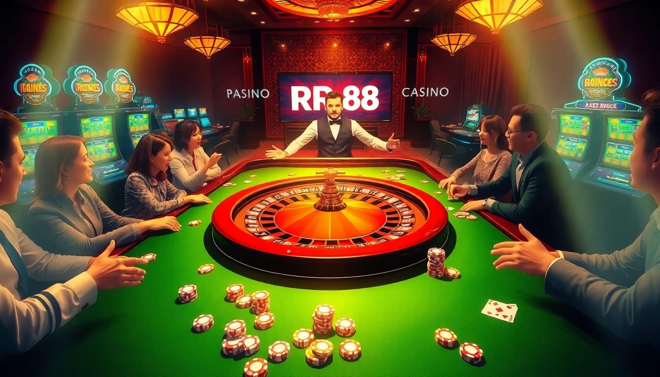 Exciting roulette action at RR88 casino with vibrant players and colorful chips.