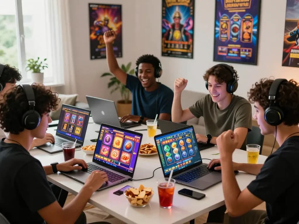 Excited players enjoying a slot gacor gaming session in a vibrant home environment, celebrating wins with laptops and snacks.
