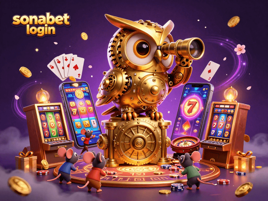 Engage with sonabet login to explore a colorful casino scene featuring a clockwork owl and dynamic gaming elements.