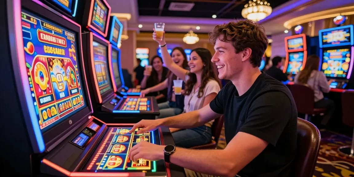 A player immersed in excitement at a credit card casino, surrounded by slot machines and friends, capturing the lively gaming atmosphere.