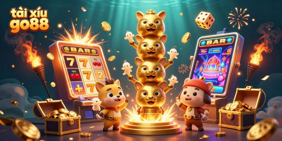 Experience the excitement of tài xỉu go88 with a dynamic casino scene filled with games and treasures.