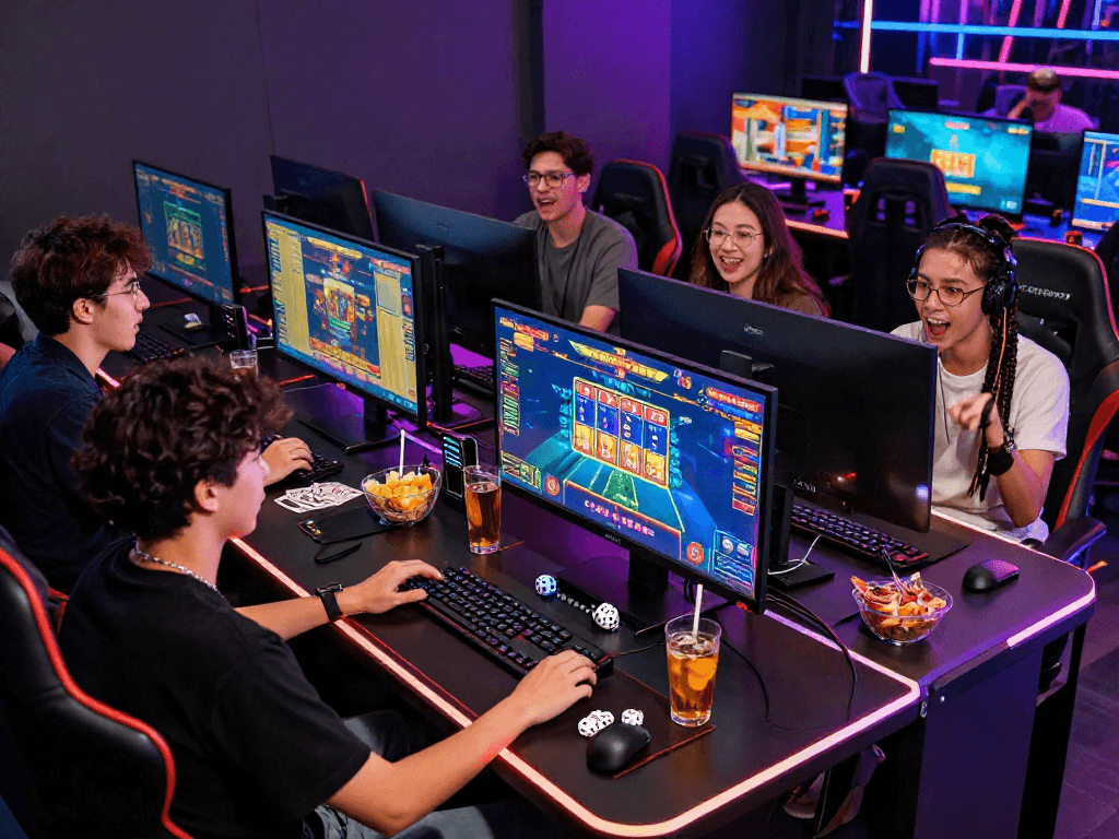 Friends engaged in a thrilling kebuntoto online gaming session with vibrant visuals and modern setup.