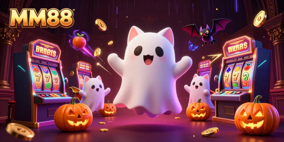 Experience the excitement of MM88 with ghostly themes and vibrant casino elements in this animated scene.