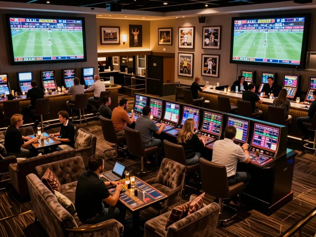 Patrons strategizing sports bets at a luxe lounge in a casino, highlighting tylebongda insights.