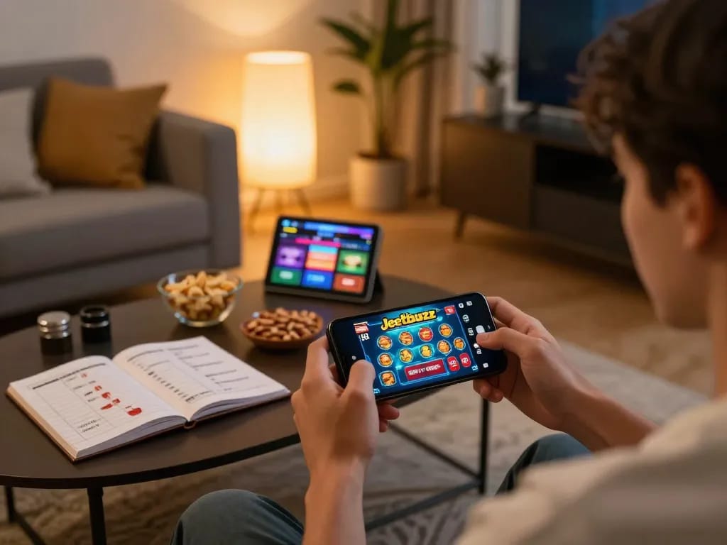 Playing Jeetbuzz 88 casino games on a smartphone in a cozy home setting with strategic notes.