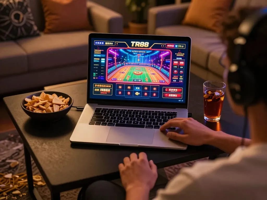 Engaging with TR88 casino games at a sleek home setup, showcasing modern gaming atmosphere.