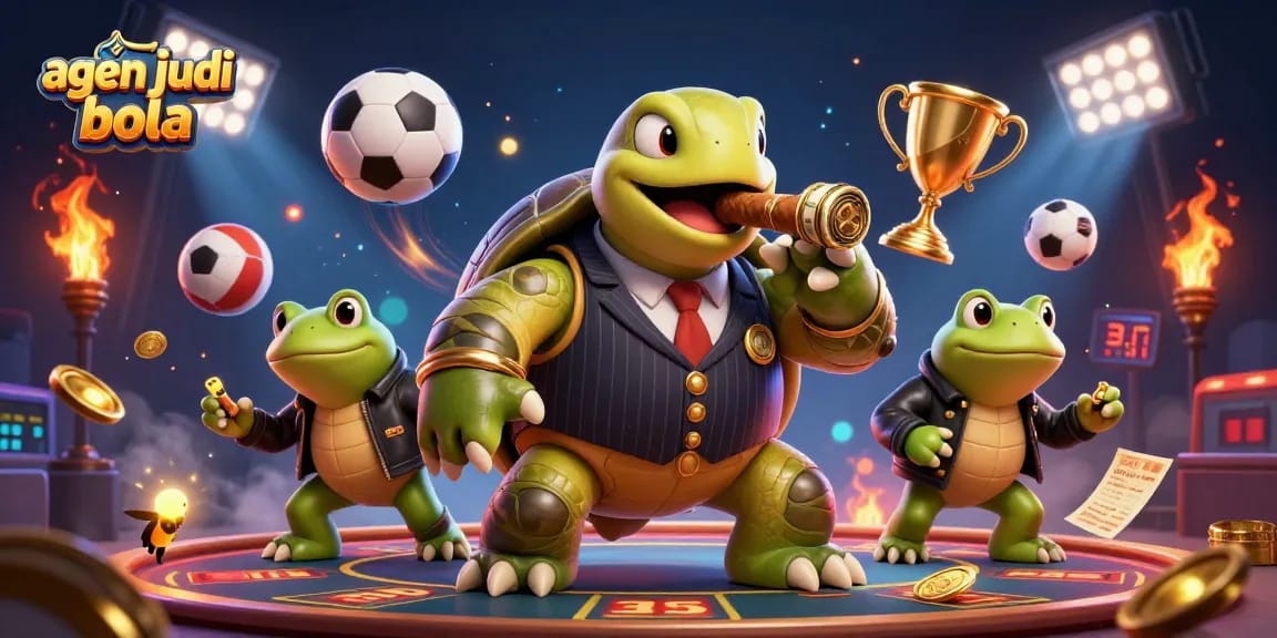Engage with agen judi bola in a vibrant scene featuring a snapping turtle and bullfrog enforcers.