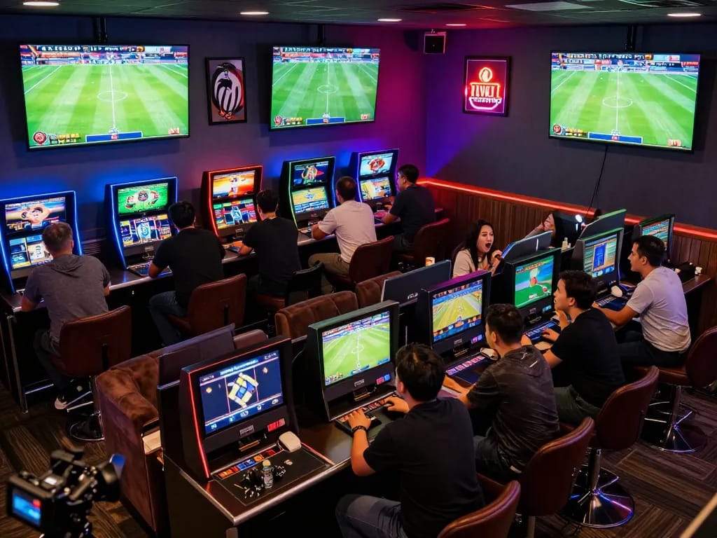 Engaged bettors analyzing strategies for เดิมพันลูกเตะมุม during live football matches in an upscale lounge.