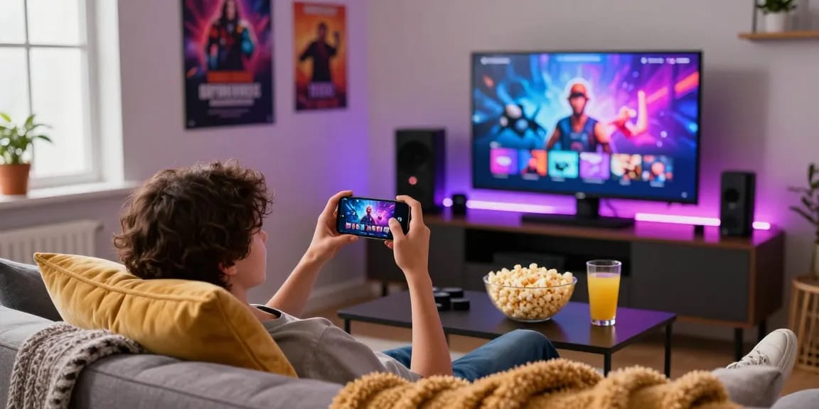 Engaging scene of a person playing free mobile porn games on their smartphone in a cozy lounge setting.