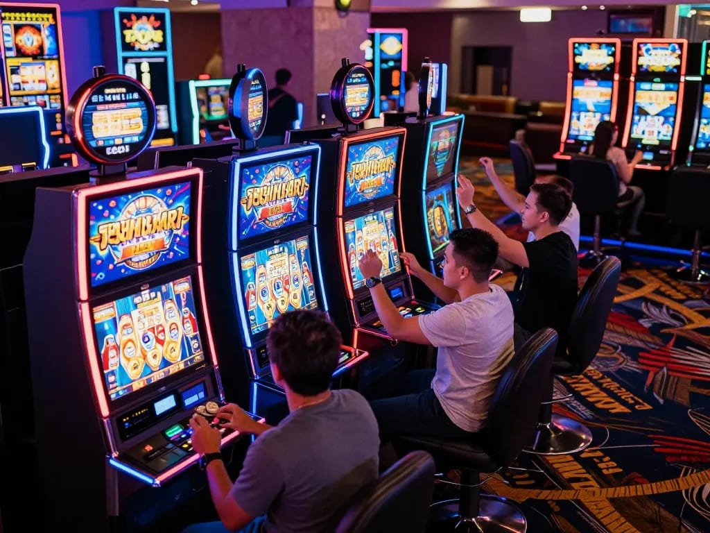 Players engaging with vibrant slot online machines in a lively casino atmosphere, celebrating winnings amid colorful lights.
