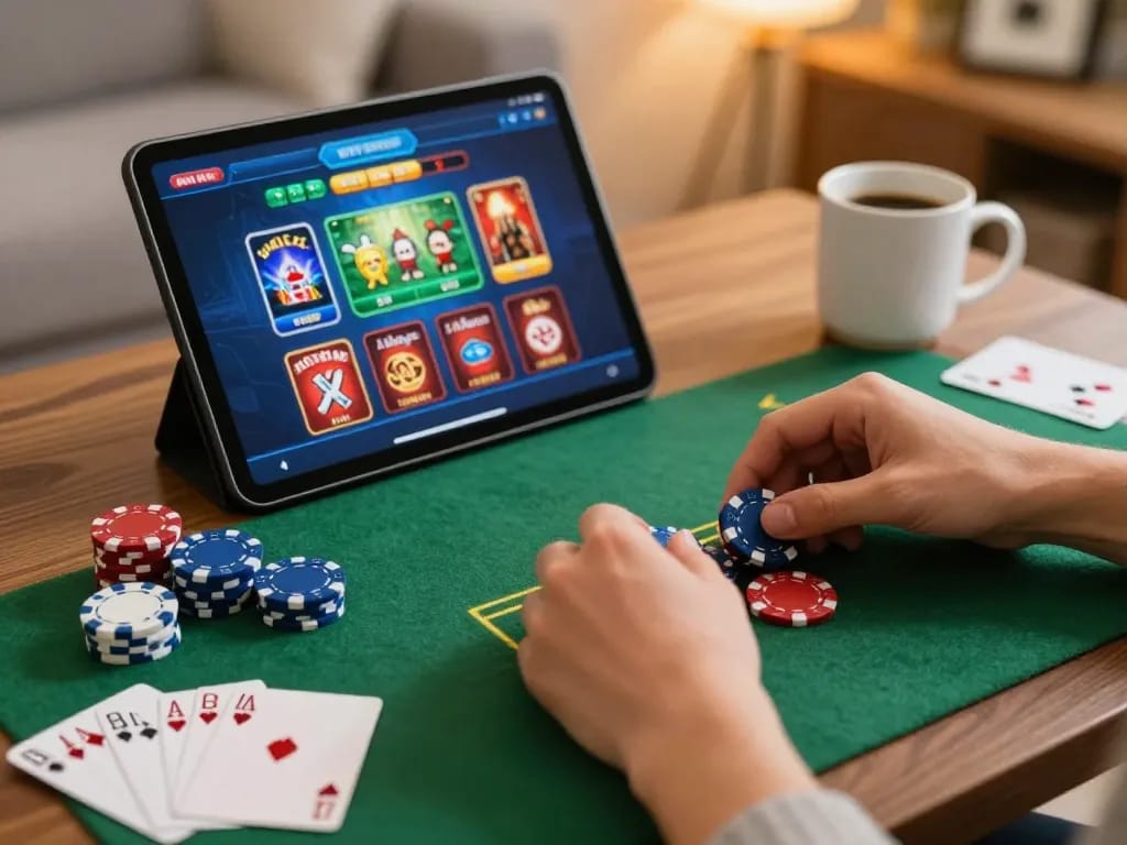 Tangan yang menarik perhatian meletakkan chip saat memainkan permainan kasino di aplikasi seluler, terhubung dengan pengalaman tenku-ichiba.