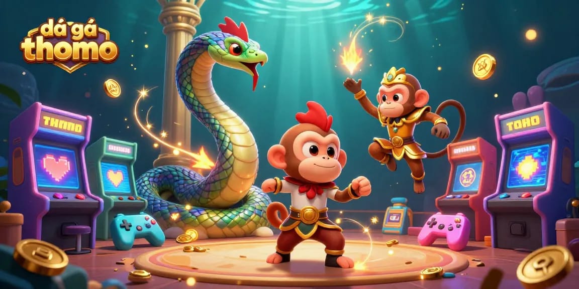 Experience high-stakes đá gà thomo matches surrounded by vibrant characters in a 3D illustrated arena.
