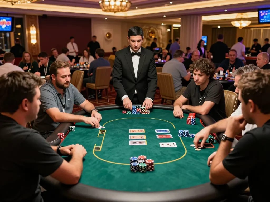 Players strategizing in a Texas Hold'em poker game at an upscale casino featuring tx88 atmosphere.