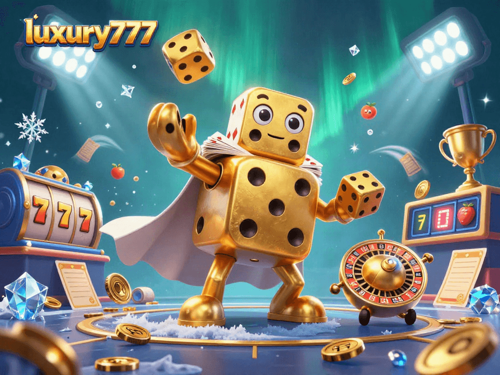 Menangkan jackpot di luxury777 dengan ilustrasi dadu emas dan elemen permainan yang dinamis.
