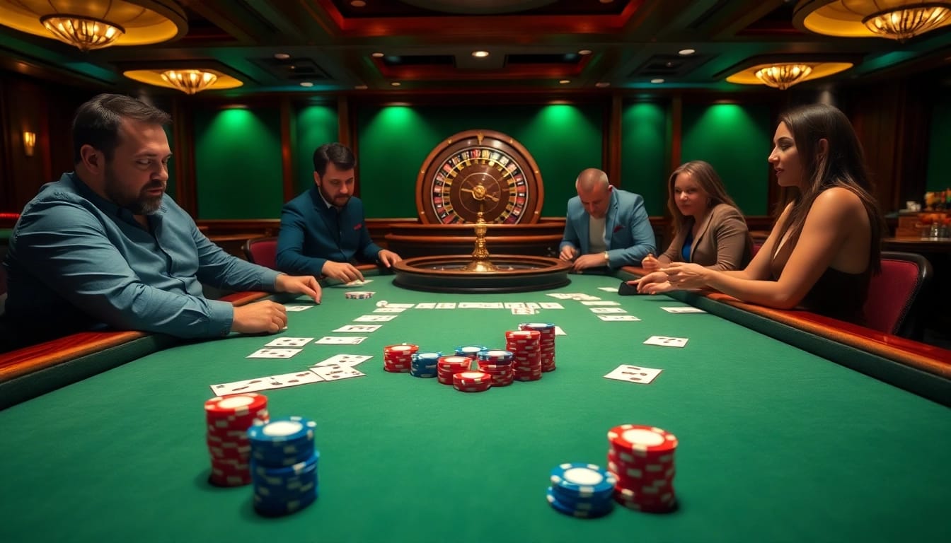 Excited players enjoying a thrilling game at SODO CASINO poker table, showcasing casino elegance.