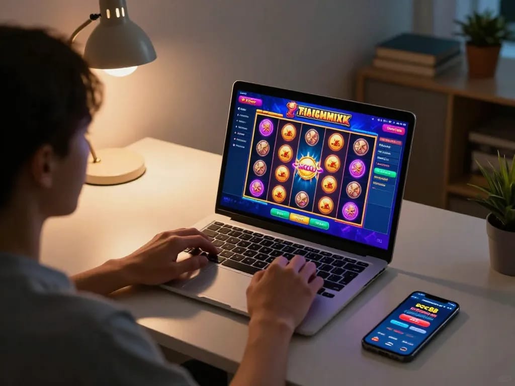 Engaging in online gaming with soc88 while enjoying a cozy home environment featuring a vibrant slot game.