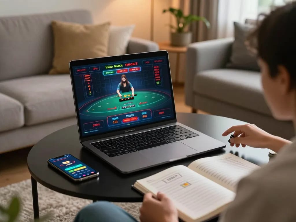 GO8 player enjoying a live dealer casino game on a laptop in a cozy home environment, showcasing responsible gambling.
