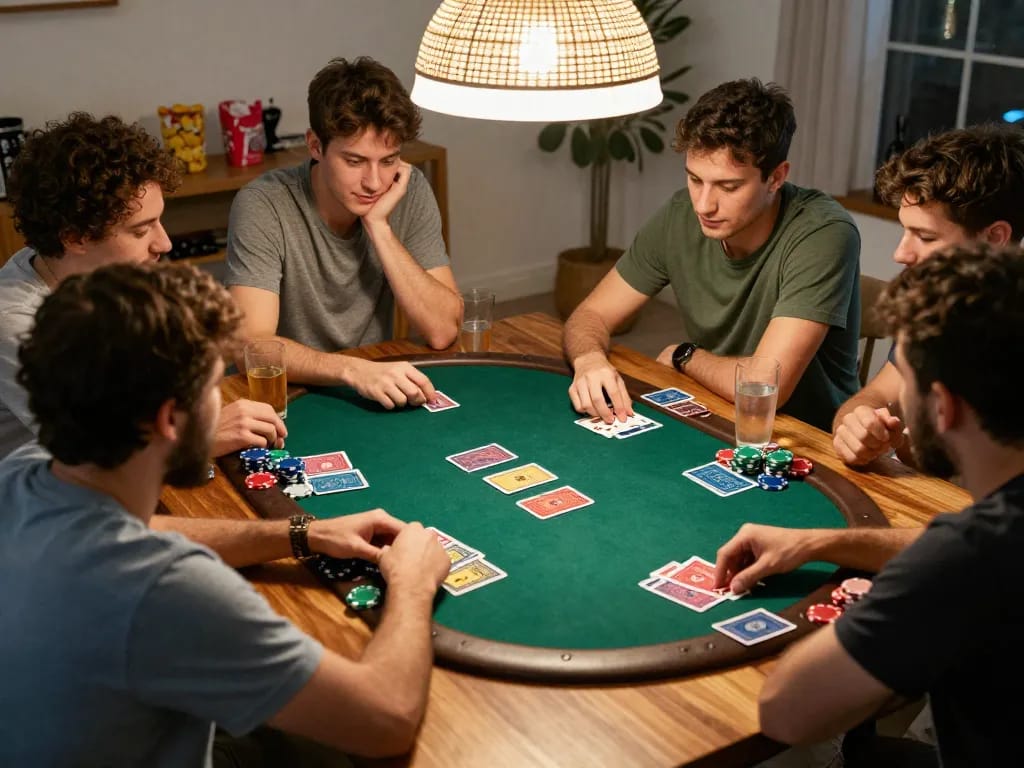 Engaged players immersed in a friendly poker game at home, reflecting the community spirit of bdtk66.