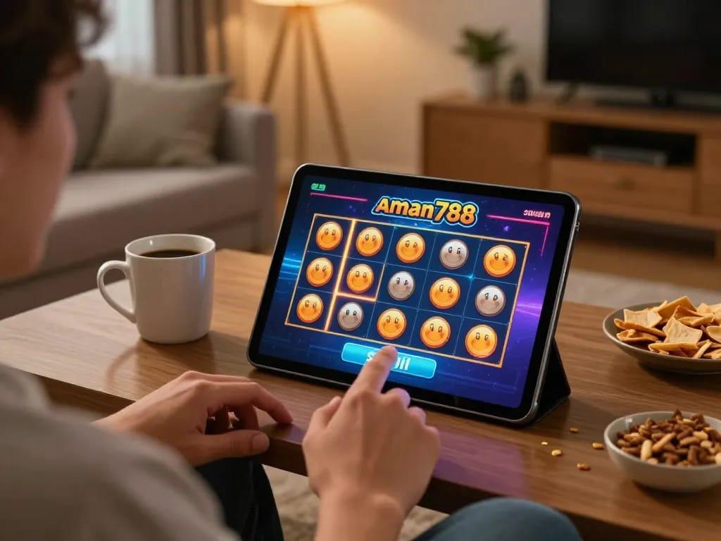 Engaging with aman788 slot game on a tablet during a relaxed home gaming session.
