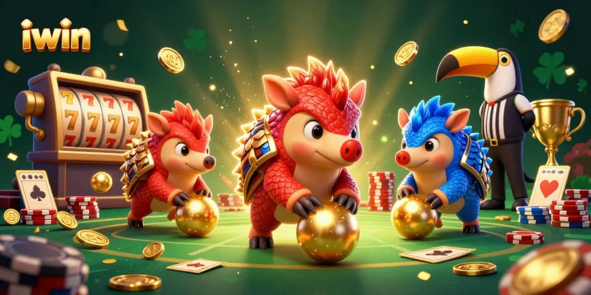Join the iwin pangolins in a thrilling slots showdown, rolling through stacks of chips and golden trophies!