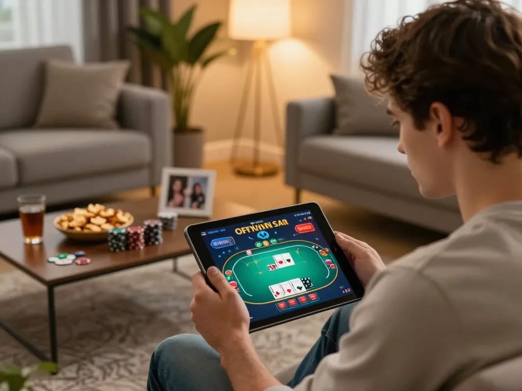 Engaged player analyzing situs slot game on tablet, reflecting strategic gambling approach.
