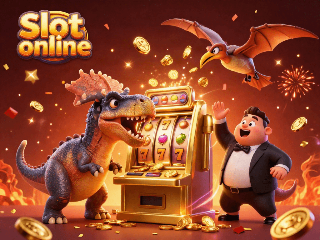 Experience excitement with Slot online as a pachycephalosaurus activates a golden machine amid flying coins.