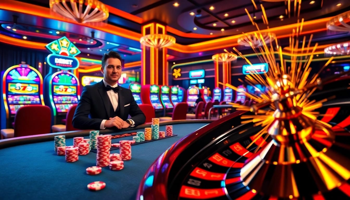 Experience the thrill of DEBET with vibrant casino visuals, showcasing poker and roulette excitement.