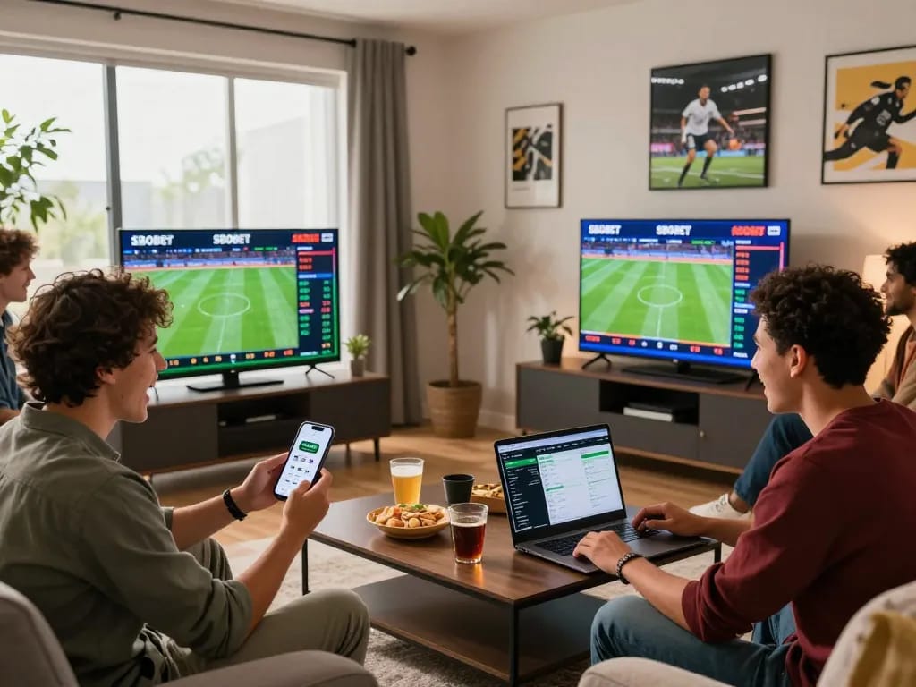 Exciting SBOBET sports betting scene with friends enjoying live games in a modern living room.