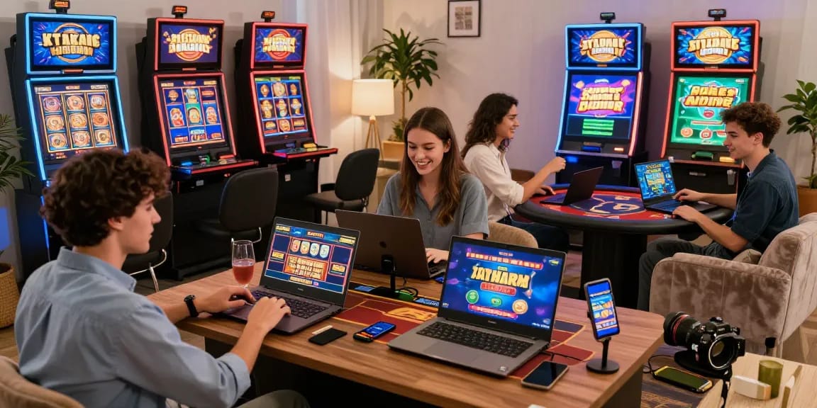 New online casinos attract players with interactive games and vibrant graphics in a cozy living room.