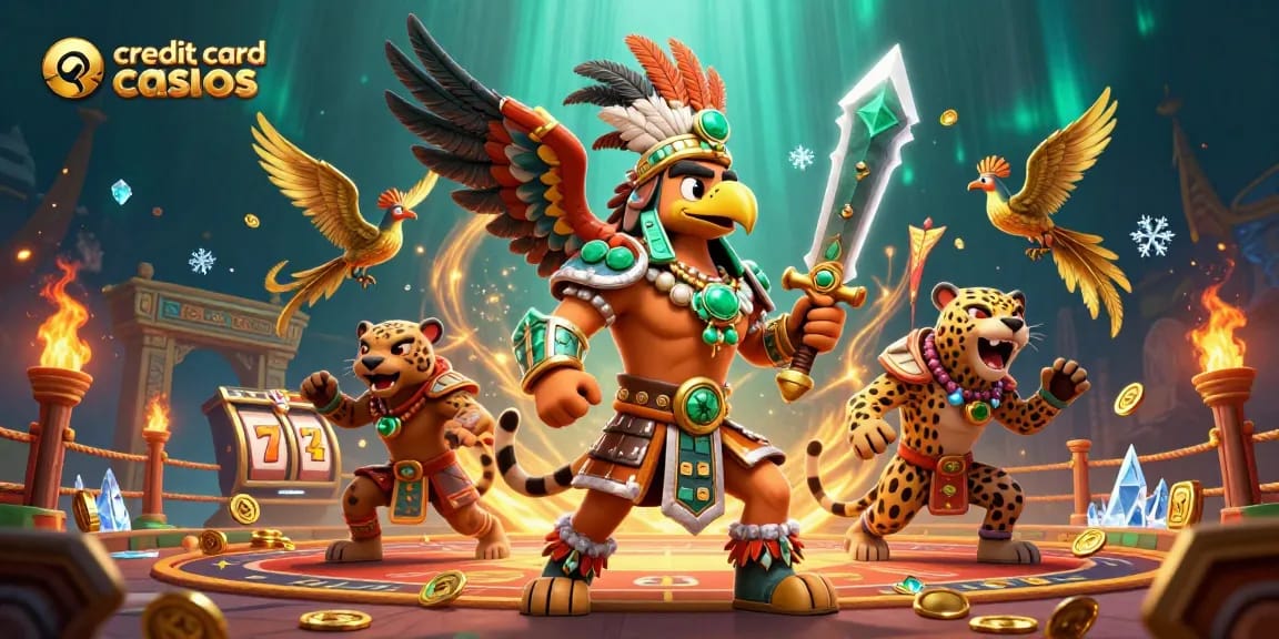 Engage in thrilling adventures at credit card casinos with Aztec warriors, dynamic slot reels, and golden treasures.