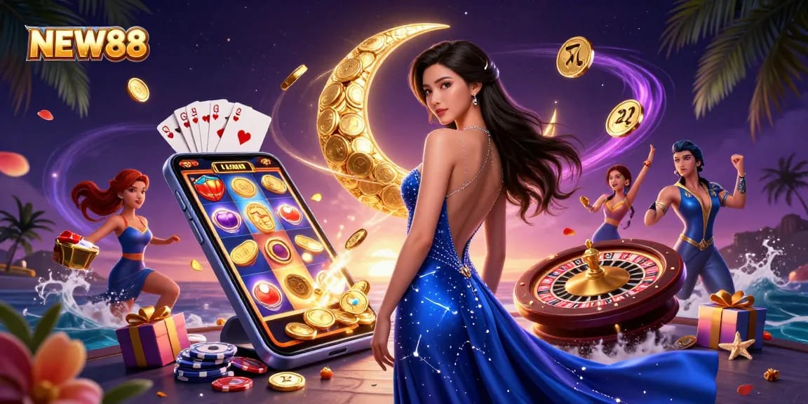 Experience the excitement of NEW88's casino games and rewards in a vibrant 3D illustration.