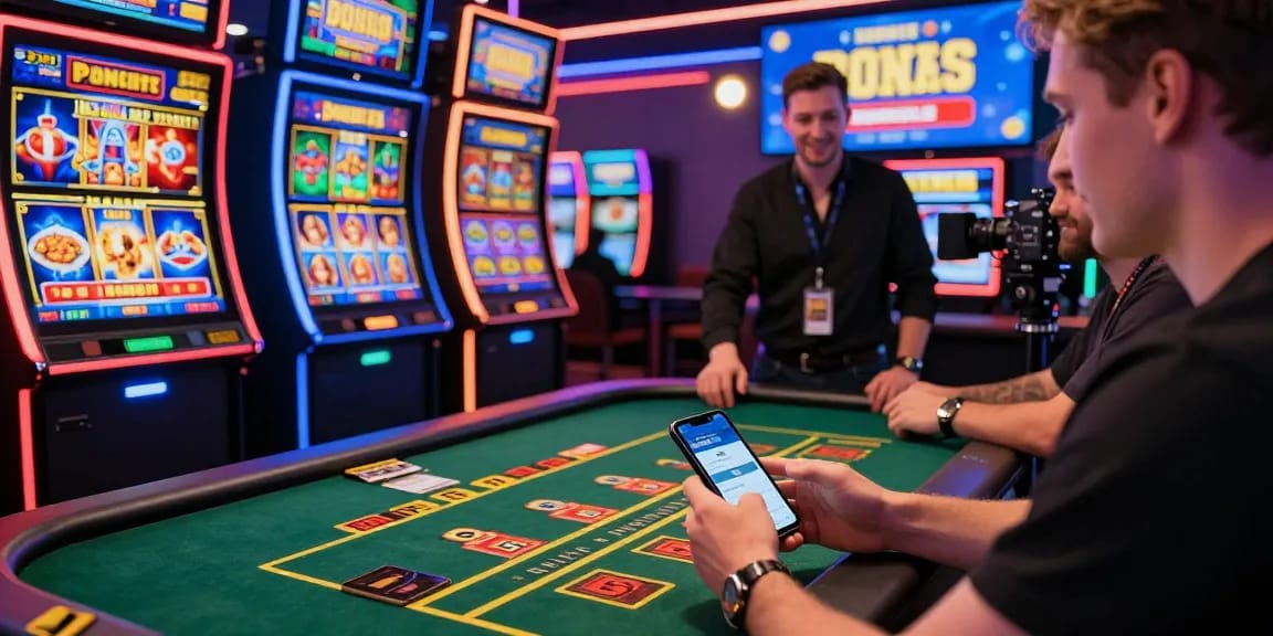 Engaged player at vibrant credit card casinos UK, with neon lights and digital banking options highlighting the excitement of online gambling.