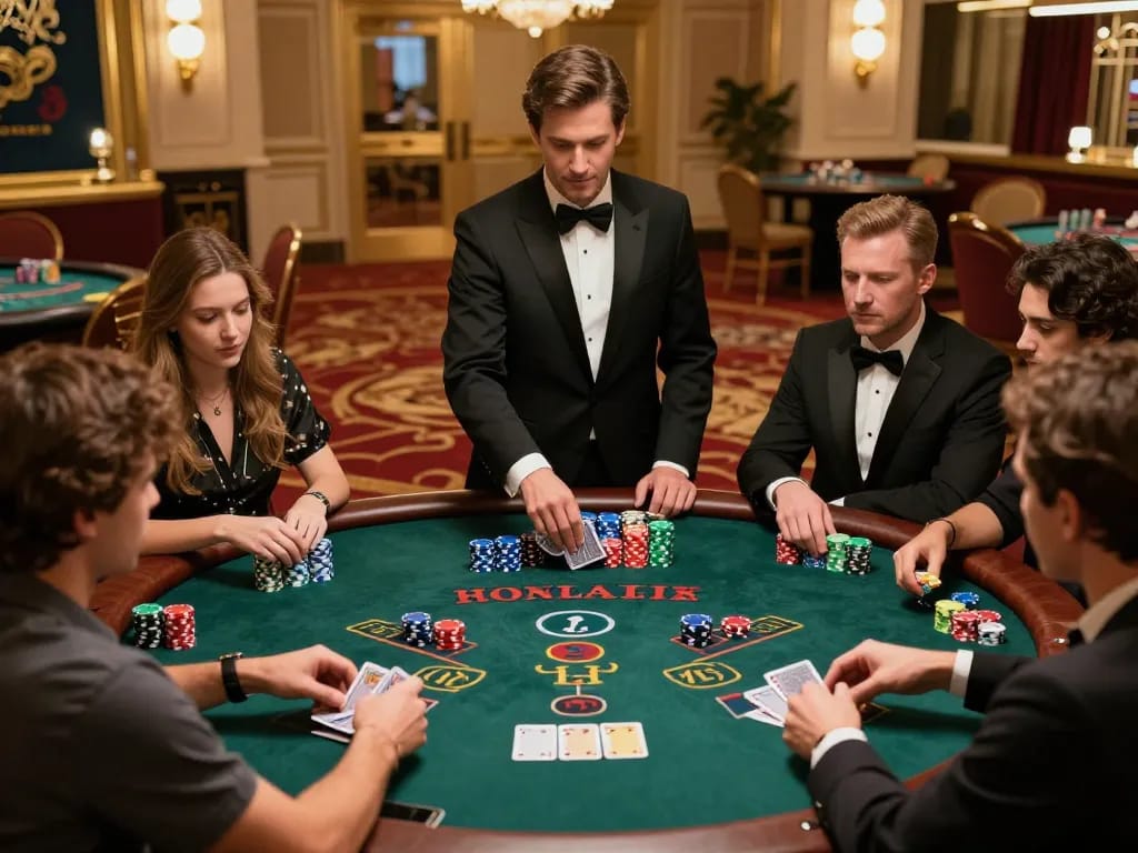 Players engage in high-stakes blackjack at a du88 casino table, showcasing thrilling card action.