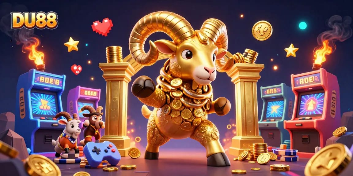 Join the excitement at DU88 with a charging golden ram in a vibrant casino setting.