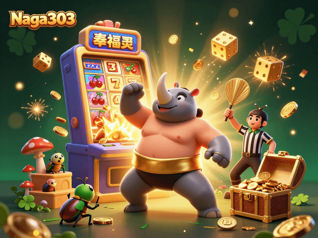 Naga303 menghadirkan ilustrasi aksi seru dengan juara sumo kumbang rhinoceros dan mesin slot meledak koin emas.