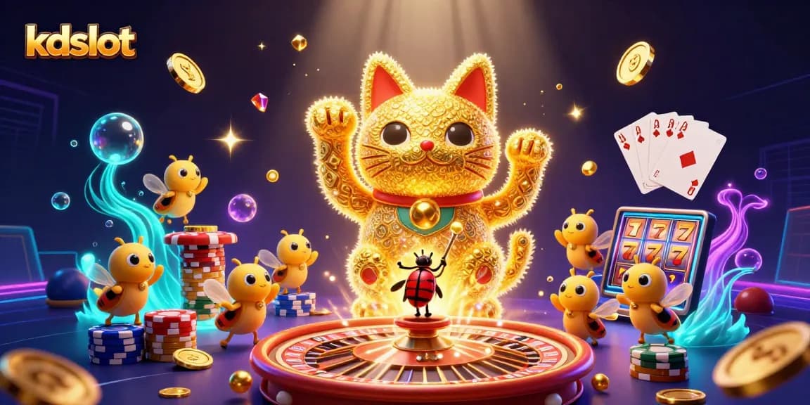 Experience the thrill with kdslot, as dynamic golden fireflies illuminate the lucky cat and casino symbols.