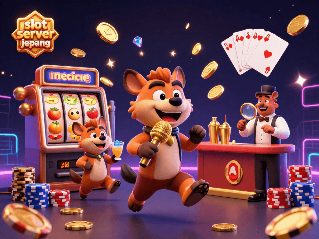 Experience the fun of slot server jepang with a lively 3D comedy casino scene featuring hyenas and vibrant gaming elements.