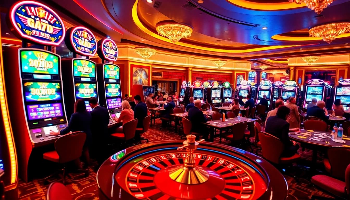 Players enjoy the excitement of bro138 slot machines in a vibrant casino atmosphere.